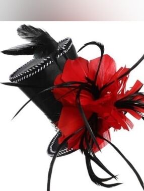 Black Mini Top Goth Hat Fascinator with Red Feather Flower